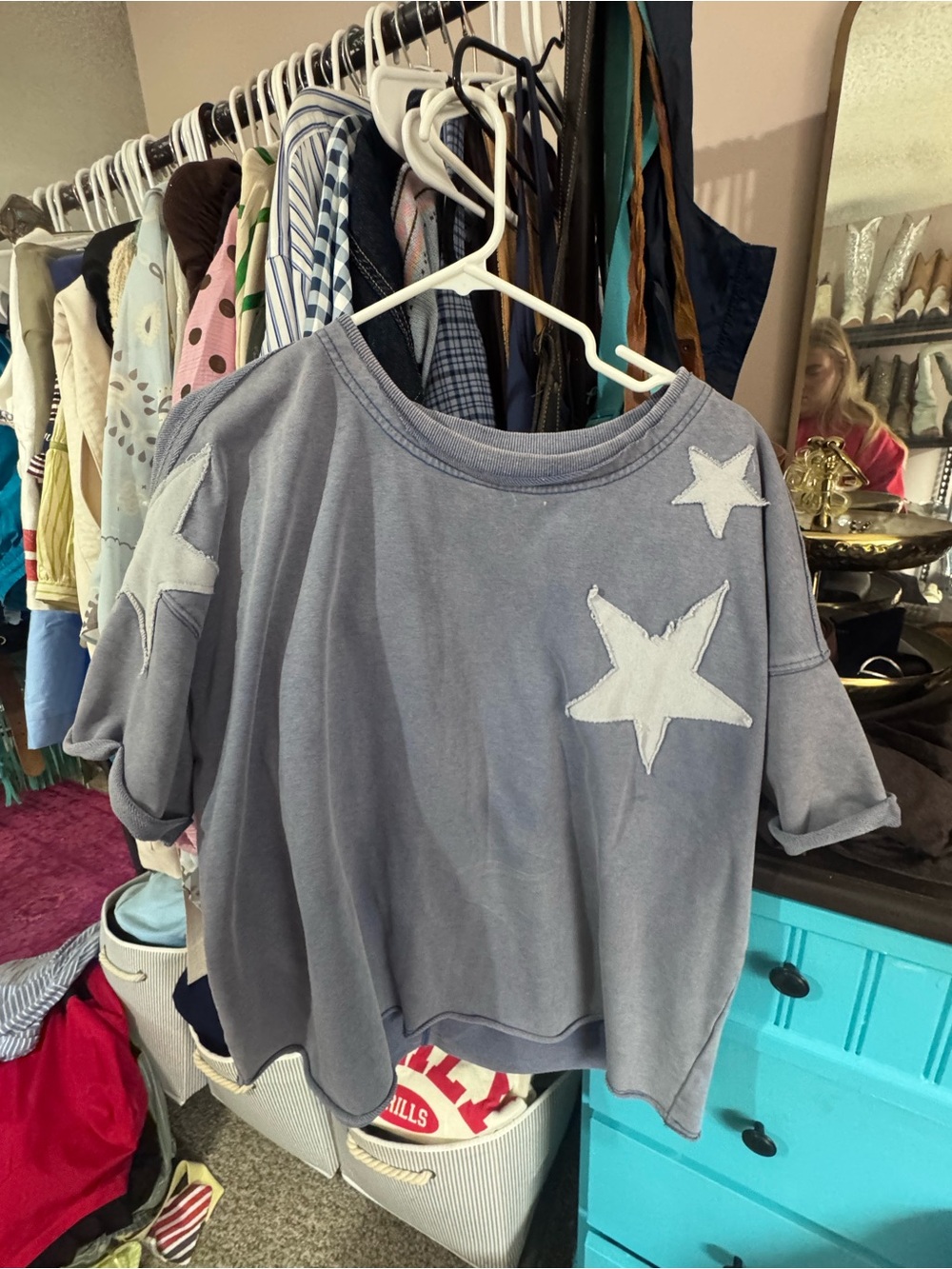 Free People Slate Blue Star Patch Short Sleeve Sweatshirt